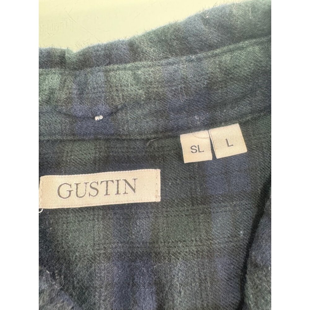 Gustin Men Flannel Shirt Large L Brushed Cotton Plaid Green Blue Made In USA - Picture 3 of 9